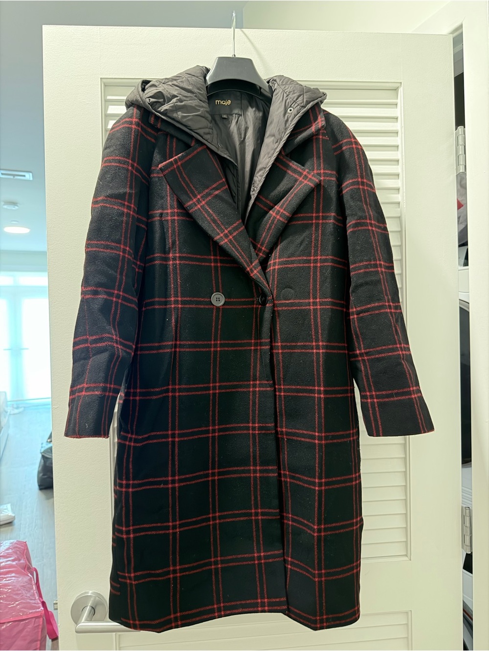 Maje Black & Red Plaid Wool-Blend Peacoat with Hooded Vest